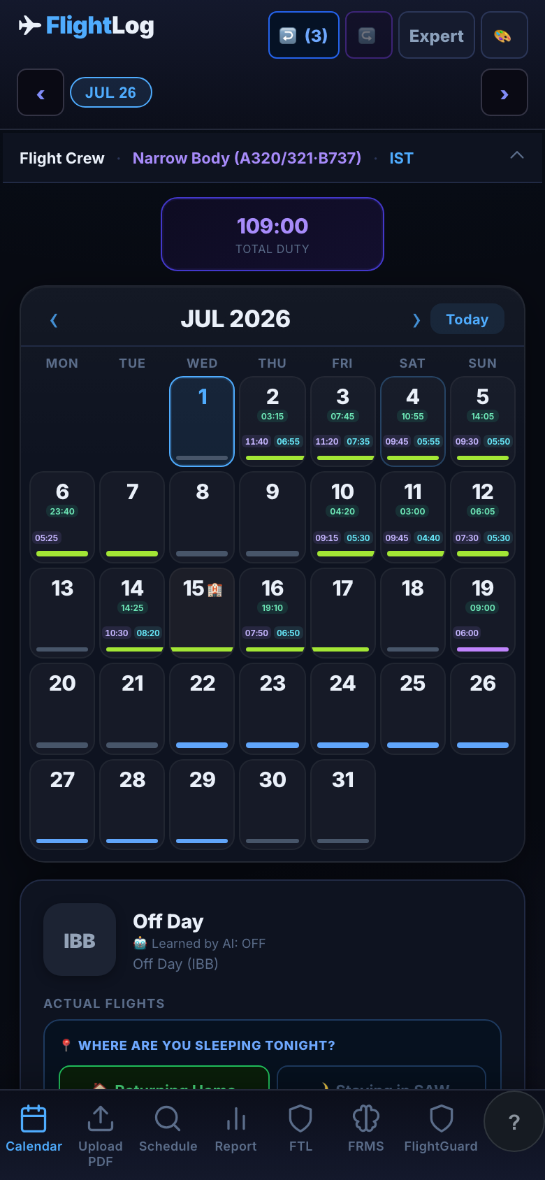 FlightLog — July roster calendar with duty bars