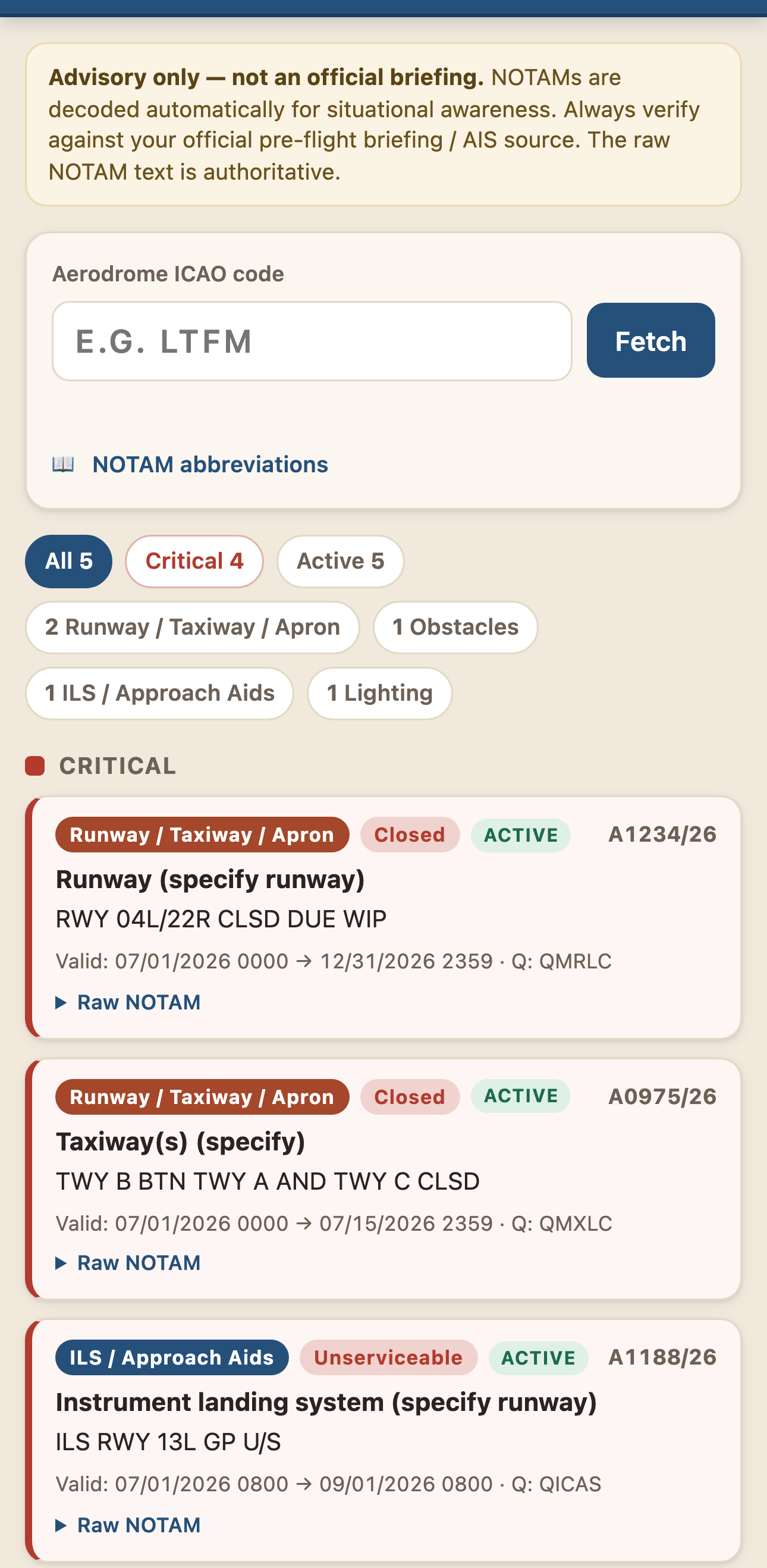 NOTAM Live — decoded and grouped NOTAM briefing
